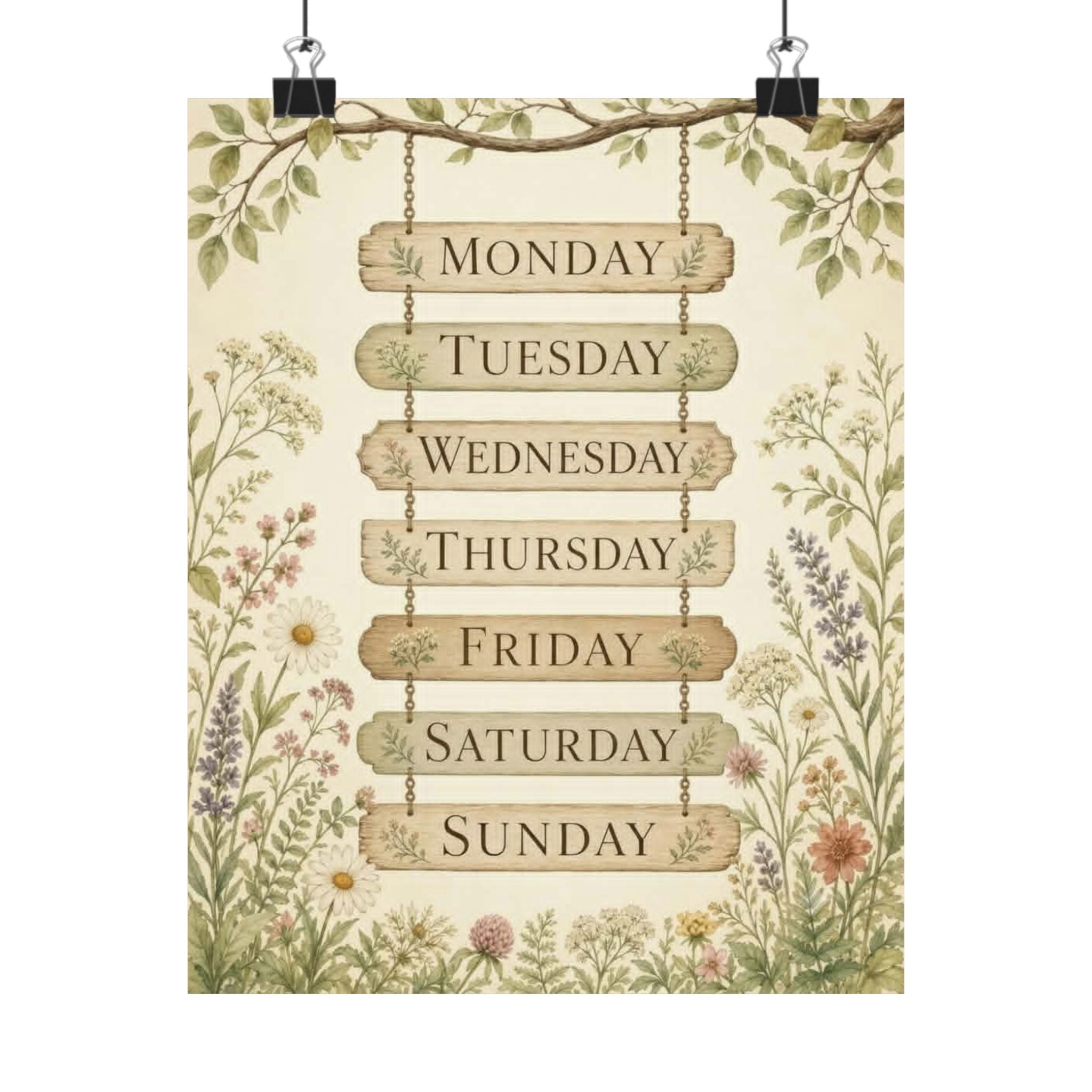 Vintage Floral Days of the Week Poster — Matte Vertical Wall Art