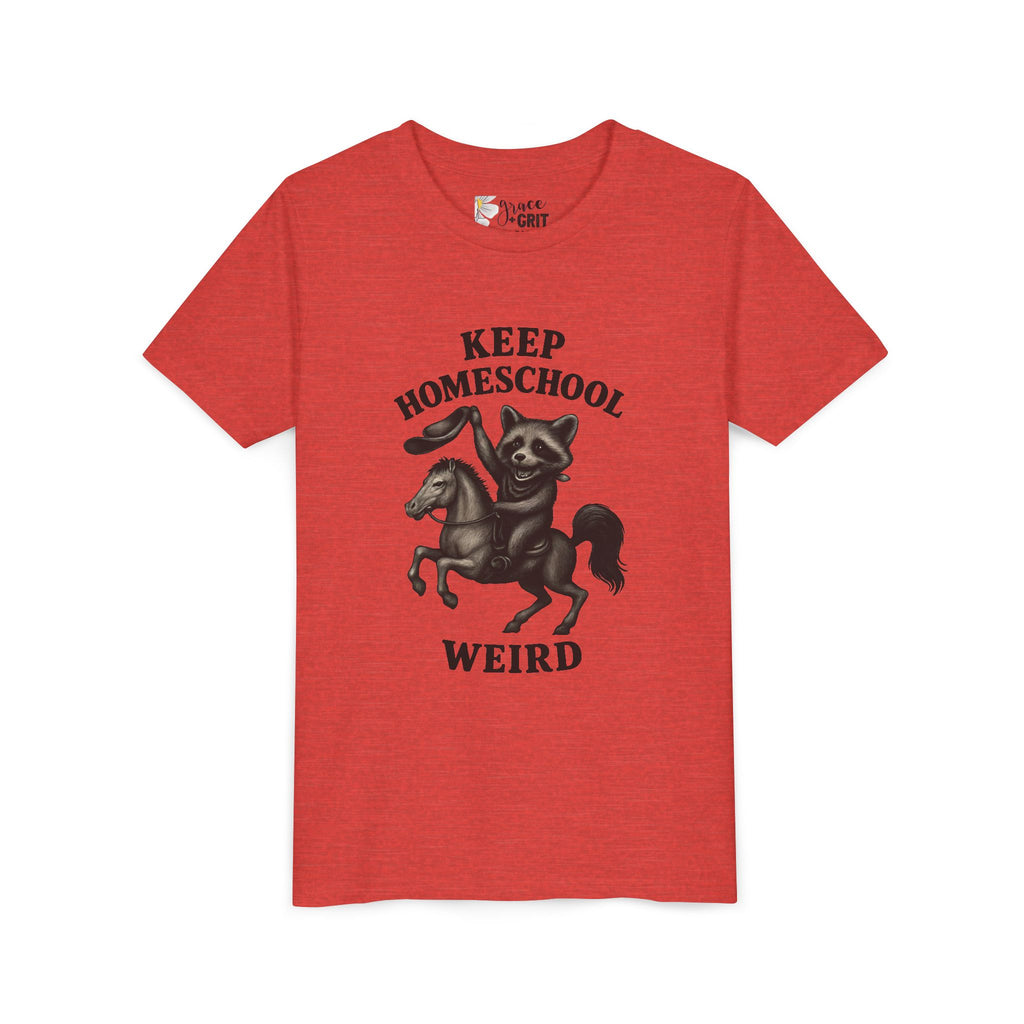 Keep Homeschool Weird Youth Tee | Raccoon Riding Horse Illustration